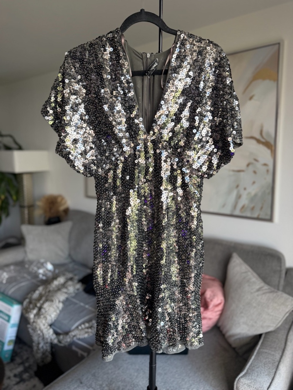 Zara Iridescent Sequin V-Neck Dress in Silver and Black